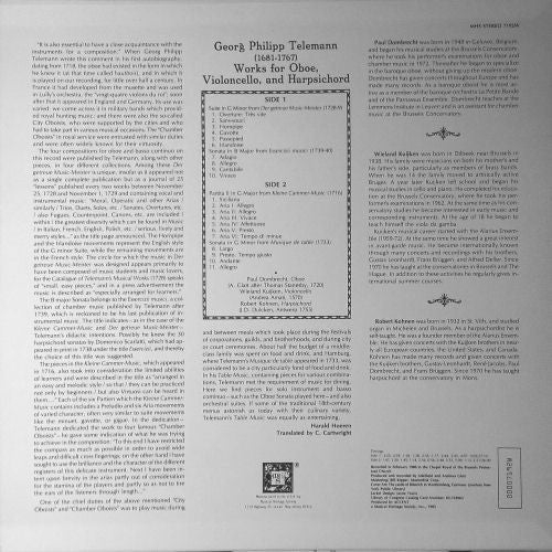Georg Philipp Telemann / Paul Dombrecht - Wieland Kuijken - Robert Kohnen - Georg Philipp Telemann - Works for Oboe, Violincello, and Harpsichord - LP