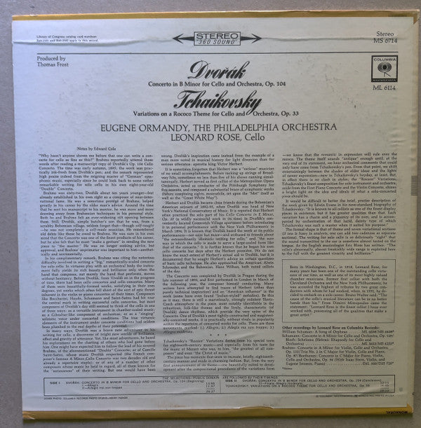 Dvořák* / Tchaikovsky* - Leonard Rose, Eugene Ormandy, Philadelphia Orchestra* - Cello Concerto / Variations On A Rococo Theme - LP