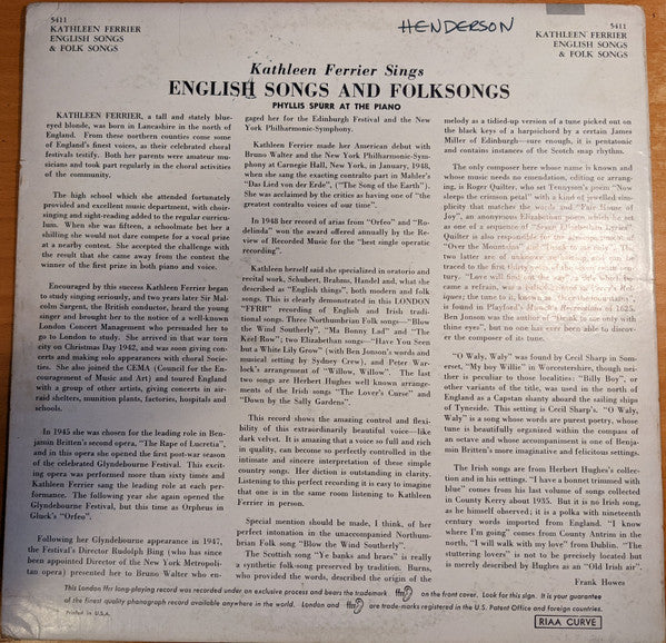 Kathleen Ferrier Accompanied By Phyllis Spurr - Folk Songs: Northumbrian, Elizabethan, And Irish Folk Songs - LP