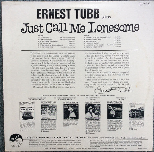 Ernest Tubb - Sings Just Call Me Lonesome (And Other Great Songs By Rex Griffin) - LP