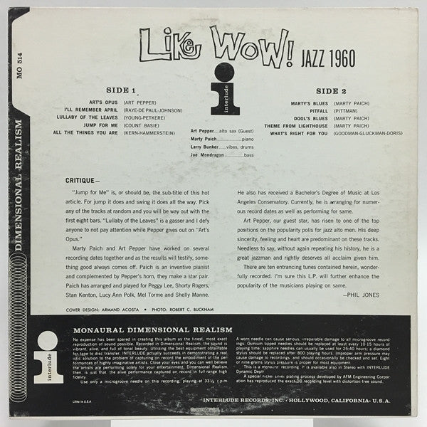 Marty Paich Guest Artist: Art Pepper - Like Wow!  Jazz 1960 - LP