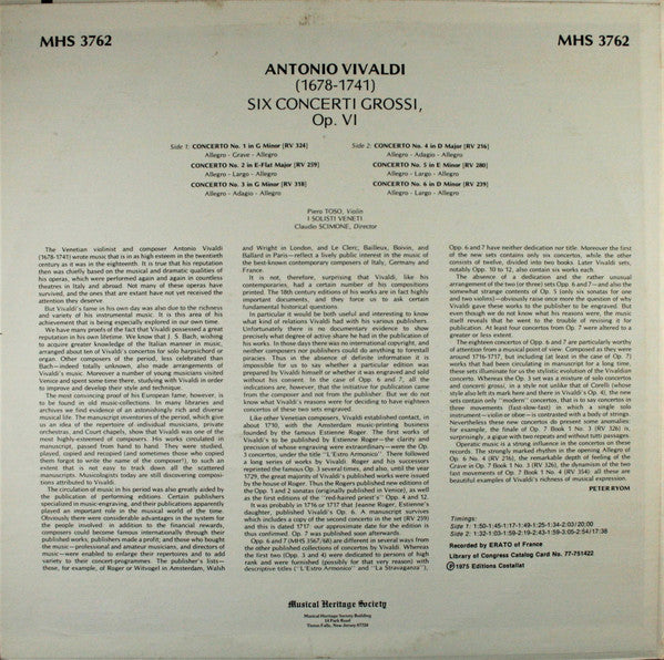 Antonio Vivaldi, Piero Toso, I Solisti Veneti, Claudio Scimone - Six Concerti Grossi, Op. VI - LP