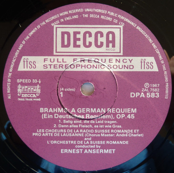 Johannes Brahms, Agnes Giebel, Helen Watts, Hermann Prey, Ernest Ansermet - Ein Deutsches Requiem, Op. 45 / Nänie, Op. 82 / Rhapsodie Für Alt, Männerchor Und Orchester, Op. 53 - LP