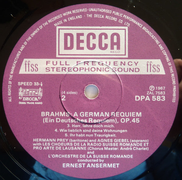 Johannes Brahms, Agnes Giebel, Helen Watts, Hermann Prey, Ernest Ansermet - Ein Deutsches Requiem, Op. 45 / Nänie, Op. 82 / Rhapsodie Für Alt, Männerchor Und Orchester, Op. 53 - LP
