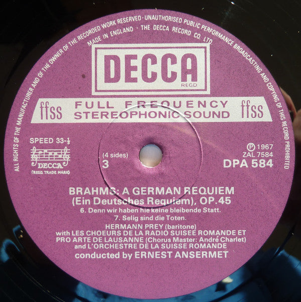 Johannes Brahms, Agnes Giebel, Helen Watts, Hermann Prey, Ernest Ansermet - Ein Deutsches Requiem, Op. 45 / Nänie, Op. 82 / Rhapsodie Für Alt, Männerchor Und Orchester, Op. 53 - LP