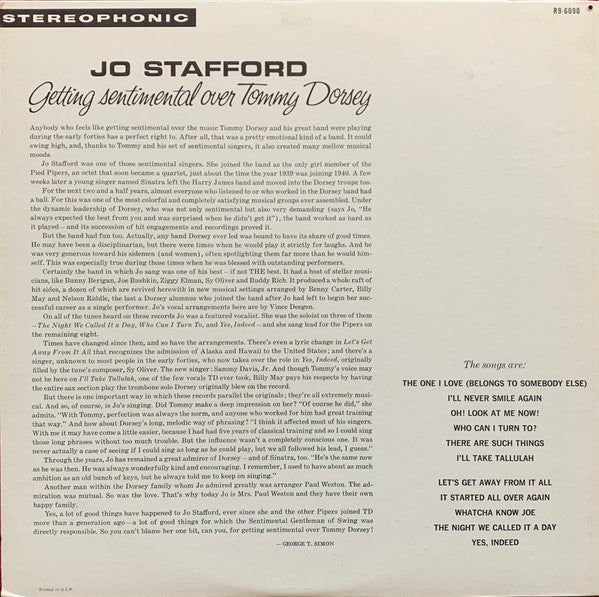 Jo Stafford - Getting Sentimental Over Tommy Dorsey - LP