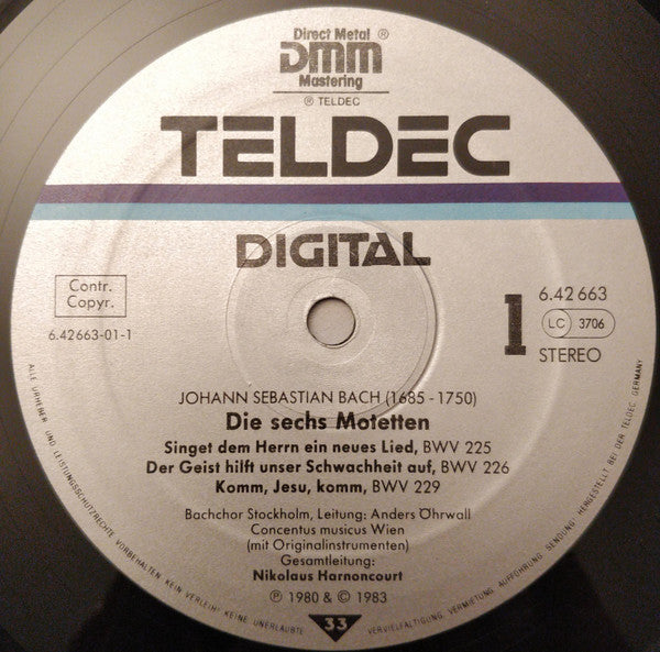 Johann Sebastian Bach, Bachchor Stockholm*, Concentus Musicus Wien, Nikolaus Harnoncourt - Die 6 Motetten BWV 225-230 = The 6 Motets = Les 6 Motets - LP