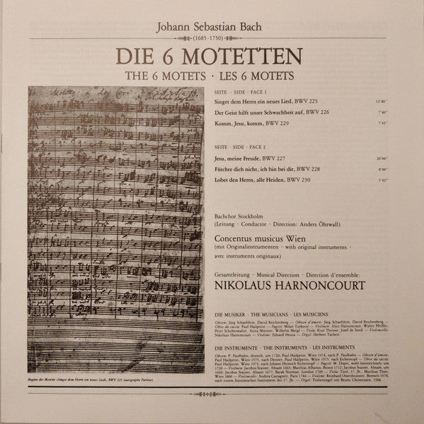 Johann Sebastian Bach, Stockholm Bach Choir, Concentus Musicus Wien, Nikolaus Harnoncourt - Die 6 Motetten BWV 225-230 = The 6 Motets = Les 6 Motets - LP