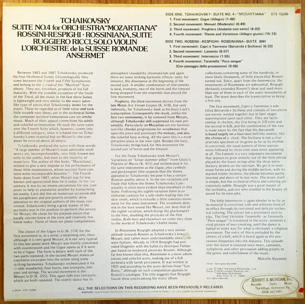 Tchaikovsky*, Rossini*, Respighi*, Ruggiero Ricci, L'Orchestre De La Suisse Romande, Ansermet* - Suite No.4 For Orchestra "Mozartiana" · Rossiniana, Suite - LP