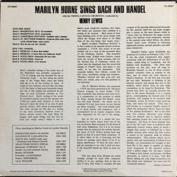 Marilyn Horne / Bach* / Handel* / Henry Lewis - Marilyn Horne Sings Bach And Handel - LP