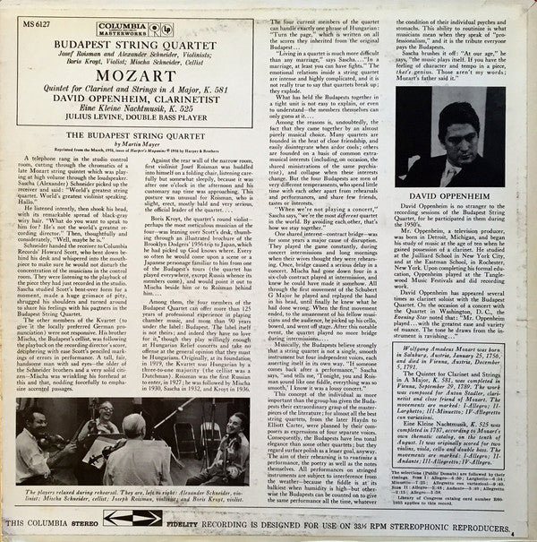 Budapest String Quartet - Mozart: Quintet For Clarinet And Strings In A Major/Eine Kleine Nachtmusik - LP