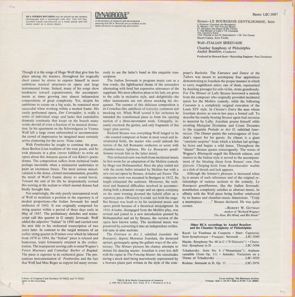 Strauss*, Wolf*, Chamber Symphony Of Philadelphia, Anshel Brusilow - Le Bourgeois Gentilhomme / Italian Serenade - LP
