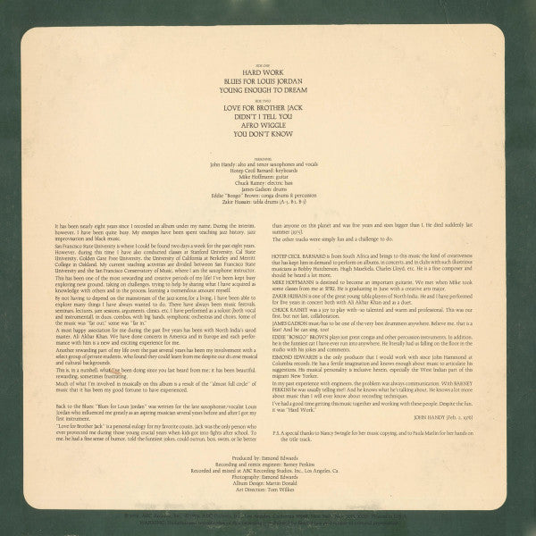 John Handy - Hard Work - LP