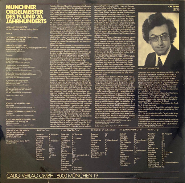 Josef Rheinberger, Gottfried Rüdinger, Joseph Haas, Gustav Geierhaas, Karl Höller - Gerhard Weinberger - Münchner Orgelmeister Des 19. Und 20. Jahrhunderts - LP