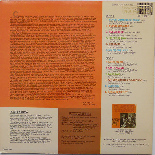 Coleman Hawkins, Lester Young, Eddie "Lockjaw" Davis, Julian Dash - Classic Tenors Volume 2 - LP