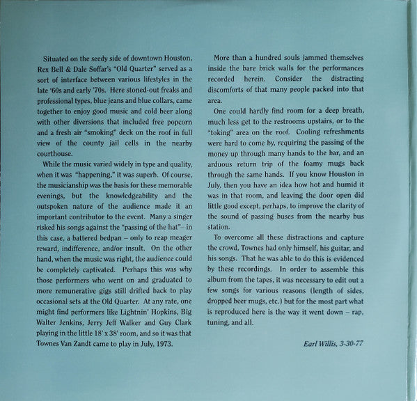 Townes Van Zandt - Live At The Old Quarter, Houston, Texas - LP