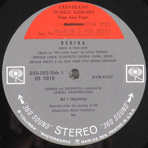 Marc Blitzstein, Brenda Lewis, Elisabeth Carron, Carol Brice, Joshua Hecht, New York City Opera Orchestra, New York City Opera Chorus, Samuel Krachmalnick - Regina - LP