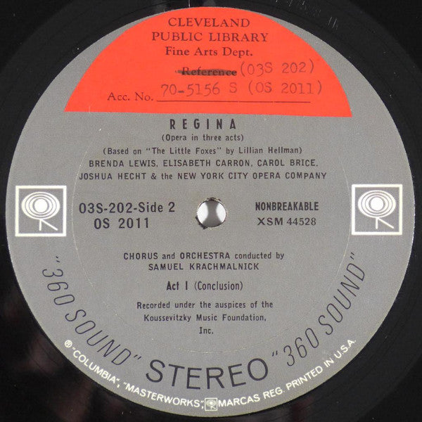 Marc Blitzstein, Brenda Lewis, Elisabeth Carron, Carol Brice, Joshua Hecht, New York City Opera Orchestra, New York City Opera Chorus, Samuel Krachmalnick - Regina - LP