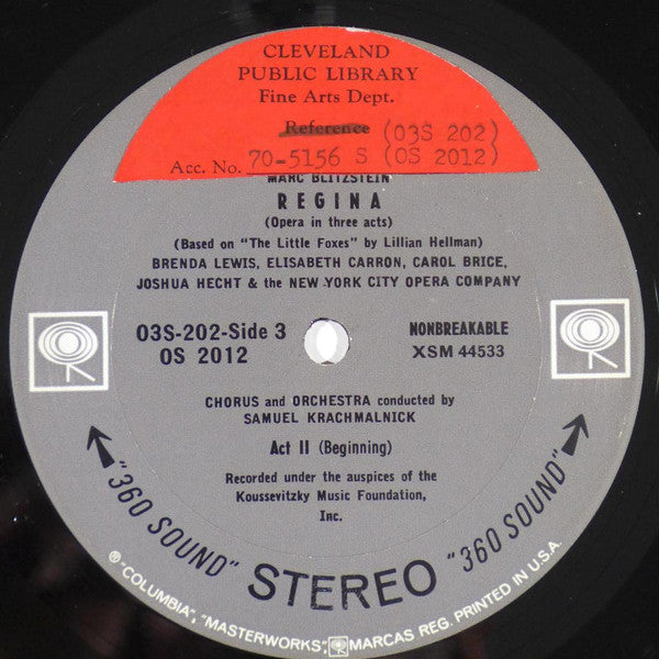 Marc Blitzstein, Brenda Lewis, Elisabeth Carron, Carol Brice, Joshua Hecht, New York City Opera Orchestra, New York City Opera Chorus, Samuel Krachmalnick - Regina - LP