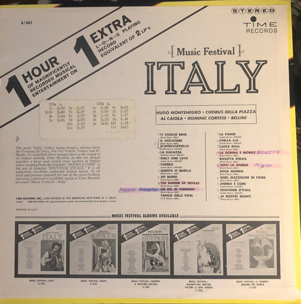 Hugo Montenegro, Chorus Della Piazza, Al Caiola, Dominic Cortese, Luciano Bellini - Music Festival: Italy - LP