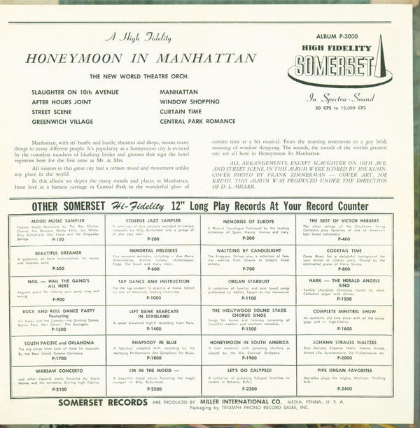 The New World Theatre Orchestra - Honeymoon In Manhattan - LP