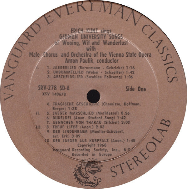Erich Kunz With Male Chorus* and Orchestra Of The Vienna Volksoper* - Erich Kunz Sings German University Songs Of Wooing, Wit And Wanderlust - LP