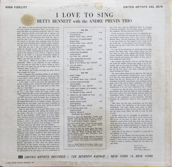 Betty Bennett With The André Previn Trio - I Love To Sing