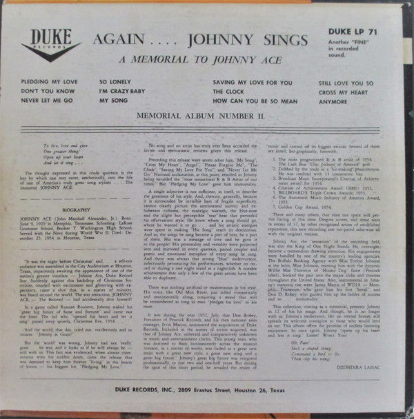 Johnny Ace - Memorial Album For Johnny Ace - LP