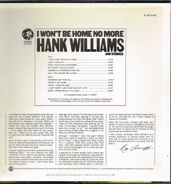 Hank Williams - I Won't Be Home No More - LP