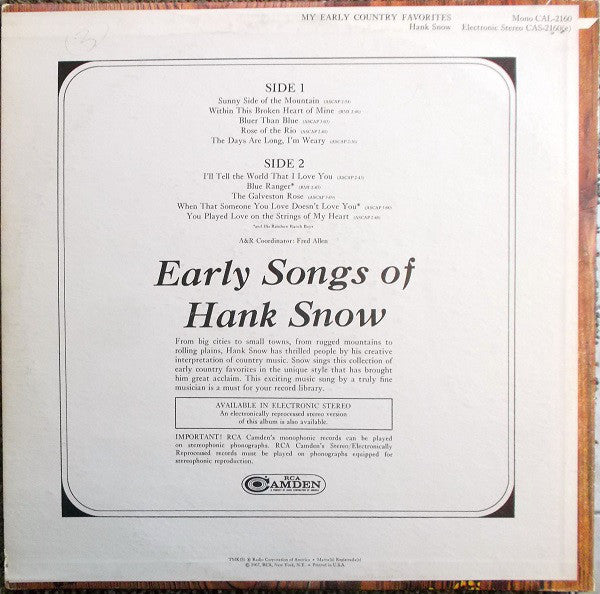 Hank Snow - My Early Country Favorites - LP